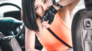 Asian Model Women Car Car Interior Women With Cars Black Hair Fingerless Gloves Looking At Viewer Or 1365x2048 Wallpaper