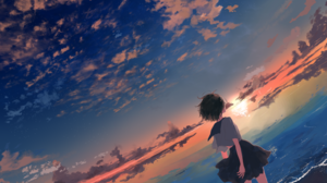 Anime Anime Girls Sky Sunset Beach School Uniform Short Hair 3038x2099 wallpaper