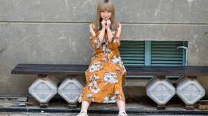 Asian Model Women Long Hair Brunette Flower Dress Sitting Bench Barefoot Sandal Wall Drains 2560x1706 Wallpaper