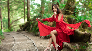 Asian Model Women Long Hair Dark Hair Red Dress Trees Depth Of Field Barefoot Sandal Railway Log Sit 3840x2560 Wallpaper