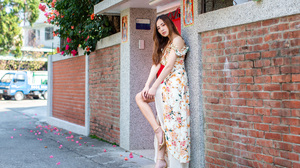 Asian Model Women Long Hair Brunette Wall Bricks Leaning Barefoot Sandal Flower Dress Bushes Flowers 2560x1724 Wallpaper