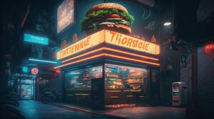 Ai Art Illustration Burgers Tokyo Japan Street Neon Food Lights 4579x2616 Wallpaper