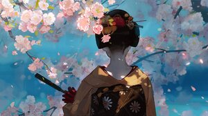 Anime Anime Girls Ciloranko Artwork Dark Hair Cherry Blossom Japanese Clothes Umbrella 2211x1050 wallpaper