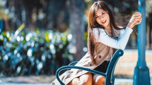 Asian Women Model Happy Smiling Bench Women Outdoors Looking At Viewer 3840x2160 Wallpaper