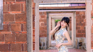 Robin Huang Women Asian Dark Hair Cheongsam Frame Bricks 2731x4096 Wallpaper