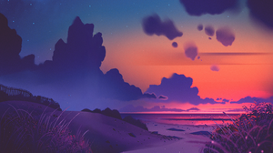 Digital Digital Art Artwork Illustration Landscape Nature Clouds Sunset Beach Sea Dunes Sand Plants  2560x1440 Wallpaper
