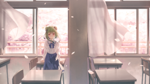 Uruha Rushia School Uniform Green Hair Windy Red Eyes Classroom Cherry Blossom Anime Girls Artwork N 1920x1080 Wallpaper
