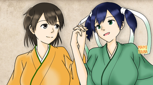 Anime Anime Girls Kantai Collection Souryuu KanColle Hiryuu KanColle Twintails Blue Hair Short Hair  3534x1940 Wallpaper