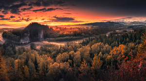 Forest Trees Landscape Sky Clouds Sunset River Water Warm Light 2421x1200 Wallpaper