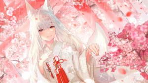 Anime Anime Girls ItoArtLab Artwork Fox Girl Japanese Clothes Cherry Blossom Long Hair White Hair Br 1736x1223 Wallpaper