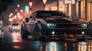 Ai Art Muscle Cars Street City Bokeh Headlights Car Street Light Front Angle View 4579x2616 Wallpaper