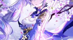 Anime Girls Genshin Impact Keqing Genshin Impact Sword Vertical Purple Hair Purple Eyes Flowers Peta 1555x2200 Wallpaper