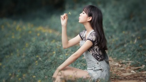 Women Asian Photography Model Long Hair Women Outdoors Dandelion Brunette Side View T Shirt Closed E 1920x1080 Wallpaper