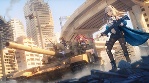 Anime Anime Girls Tank Vehicle Military Vehicle Military Standing Blonde Redhead Brunette Ruins Weap 2400x1290 Wallpaper