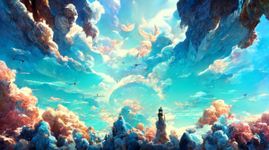 Sky Blue Clouds Fantasy Castle Ai Art Cyan 2048x1152 Wallpaper