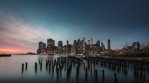 New York City Sea Water Night Lights City Cityscape Sky Clear Sky Sunset Building Outdoors Photograp 2500x1421 Wallpaper