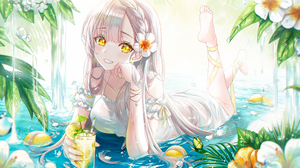 Anime Anime Girls Lemonade Water Long Hair Silver Hair Yellow Eyes Grin Dress Barefoot Artwork Pora  3941x2425 Wallpaper