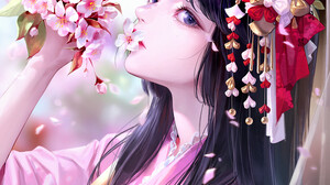 JiNYOUNG SON Anime Anime Girls Fantasy Art Fantasy Girl Flowers Face Dark Hair Looking Away Long Hai 1500x2000 Wallpaper