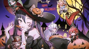 Genshin Impact Mona Genshin Impact Halloween Witch Hat Red High Heels Wink Purple Hair Pumpkin Lolli 1800x1200 Wallpaper