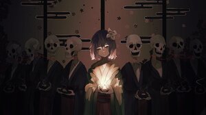 Anime Anime Girls Bones Skeleton Short Hair Kimono Thread Candles Barrette Smoke Dark Eyes 2500x1406 Wallpaper