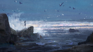 DannyLaiLai Illustration Digital Art Traditional Art Sea Side Sea School Uniform Seagulls Waves 1920x934 Wallpaper