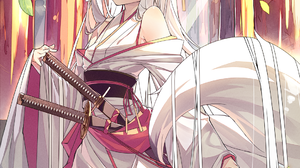 Anime Girls Fox Ears White Hair Fox Girl Sword Red Eyes 1081x1500 Wallpaper