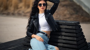 Model Women Red Lipstick Sunglasses Black Jackets Jeans Hands In Hair Sitting Dark Hair White Tops W 2048x1365 Wallpaper