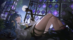 Yipei Anime Girls Arknights Ling Arknights Night Looking Up Legs Legs Crossed Window Stars Starry Ni 5004x2815 Wallpaper