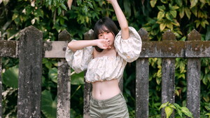 Asian Model Women Short Hair Dark Hair Bushes Fence Short Tops Shorts Leaves Depth Of Field 1920x1280 Wallpaper