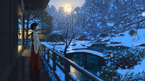 Anime Girls Kimono Alone Outdoors Bridge Wood House Trees Snowing Snow River Stream Sun Hair Bow Rai 3840x2160 Wallpaper