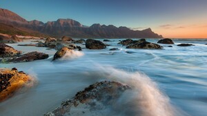 Nature Landscape Mountains Rocks Sand Water Waves Long Exposure Coast Sunset South Africa 1920x1080 Wallpaper
