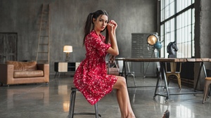 Mariya Volokh Women Model Brunette Pigtails Looking At Viewer Red Nails Painted Nails Dress Red Dres 2560x2047 Wallpaper