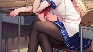 Legs Crossed Anime Girls Vertical Schoolgirl School Uniform Classroom Looking At Viewer Blonde Sunli 2000x3200 Wallpaper