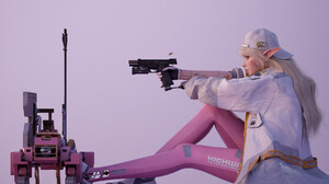Junhoo Kang CGi Women Jacket Pointy Ears Cyberpunk Simple Background Gun Side View Minimalism Hat Lo 1920x1280 Wallpaper
