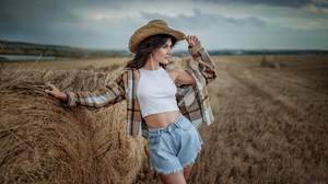Aleksey Yuriev Women Hat Looking Away Brunette Wind Plaid Shirt Shorts Jeans Haystacks Field 1982x1115 Wallpaper