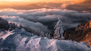 Nature Landscape Winter Ice Snow Cold Outdoors Trees Clouds Orange Sky Mountains 3840x2160 Wallpaper