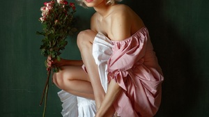 Nastasya Parshina Women Alice Tarasenko Blonde Flower In Hair Bare Shoulders Pink Clothing Barefoot  1440x2160 wallpaper