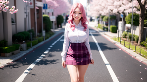 Ai Art Women Asian Smiling Skirt Flowers Petals Looking At Viewer Pink Hair Legs 1792x1152 Wallpaper