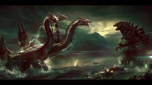 George Hull Science Fiction Godzilla Digital Art Ocean Battle Dragon Ship Battleship Fighting Sea Mo 2500x1199 Wallpaper
