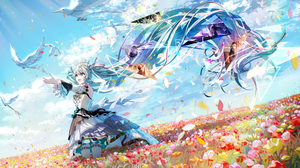 Anime Anime Girls Flowers Petals Field Vocaloid Hatsune Miku Birds Long Hair Sky Blue Hair Blue Eyes 5226x2894 wallpaper
