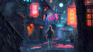 Christian Benavides Digital Art Fantasy Art Neon Lights Neon Rain Moonlight Artwork 3840x2160 Wallpaper