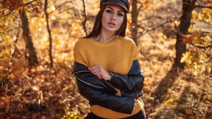 Woman Girl Leather Jacket Cap Brunette Brown Eyes Fall 2560x2048 Wallpaper