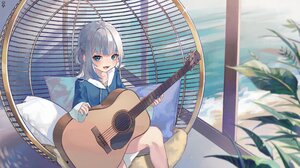 Anime Girls Virtual Youtuber Gawr Gura Guitar Musical Instrument Leaves Looking At Viewer Sitting Pi 4087x2296 wallpaper