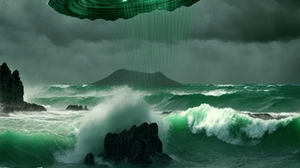 Ai Art Clouds Waves Green Vertical Portrait Display Water UFO Spaceship 2630x4559 Wallpaper