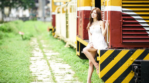 Asian Model Women Long Hair Dark Hair Sitting Legs 3840x2561 Wallpaper