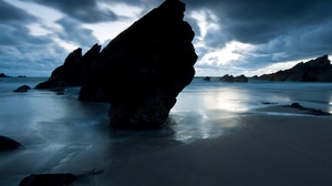 Beach Blue Gray Ocean View Rocks Clouds Monochrome Sky Water 2560x1600 Wallpaper