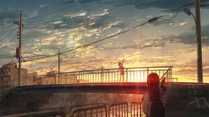 Twilight Anime Girls Clouds Bridge Schoolgirl School Uniform 1440x900 Wallpaper