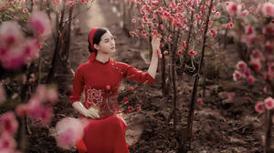 Zhou Qian Women Asian Brunette Hairband Red Dress Flowers Field 2048x1352 Wallpaper