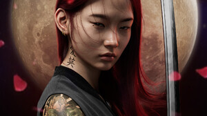 Sanhanat Suwanwised CGi Women Asian Redhead Wind Petals Tattoo Black Clothing Katana Weapon Moon 1920x2625 Wallpaper