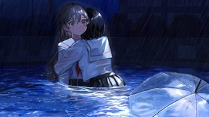 Mikanoisi Umbrella Anime Anime Girls Swimming Pool Rain Sailor Uniform Hugging Tears 4096x2555 Wallpaper